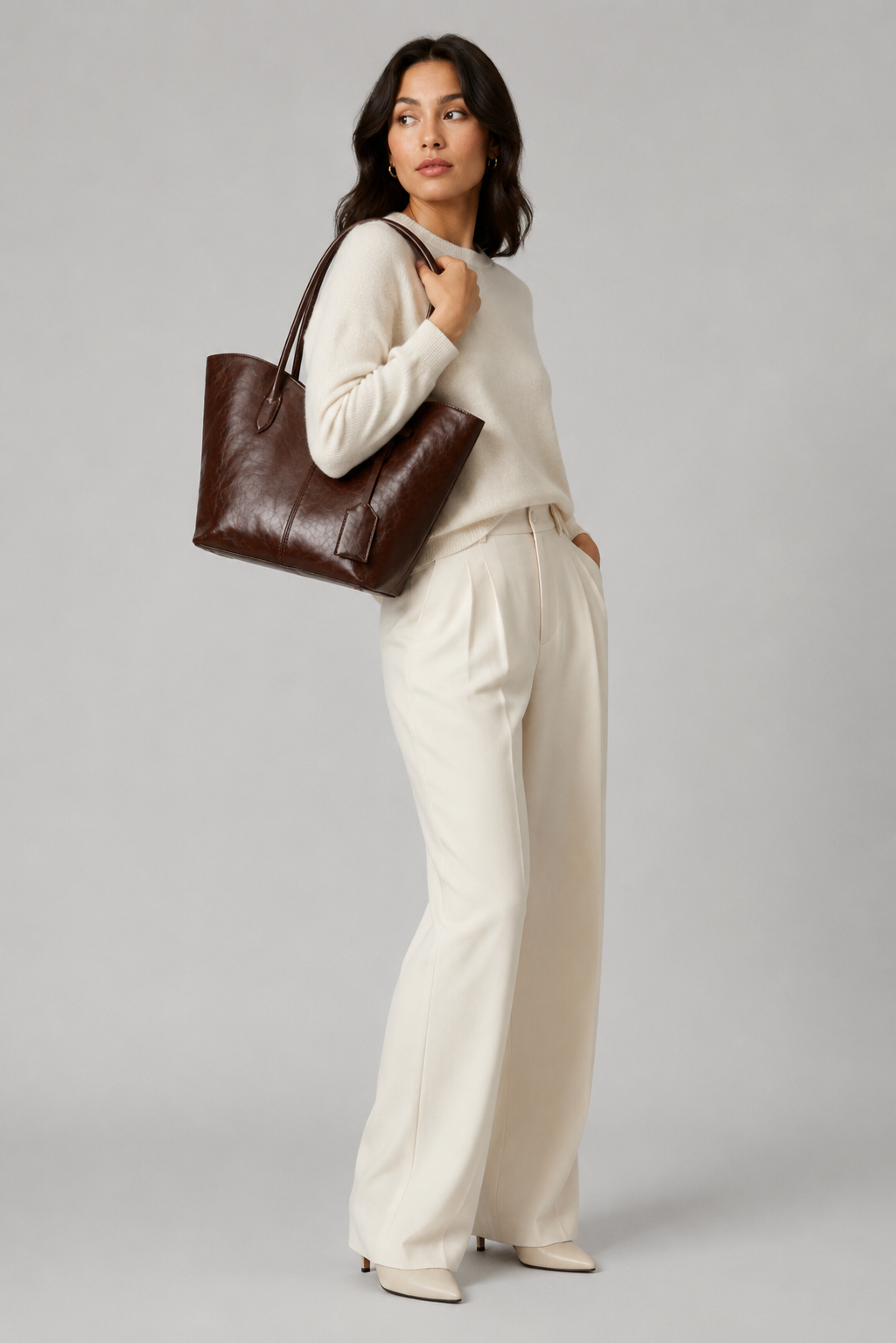 Roxy Vintage Geniş Suni Deri Tote Çanta Kahve