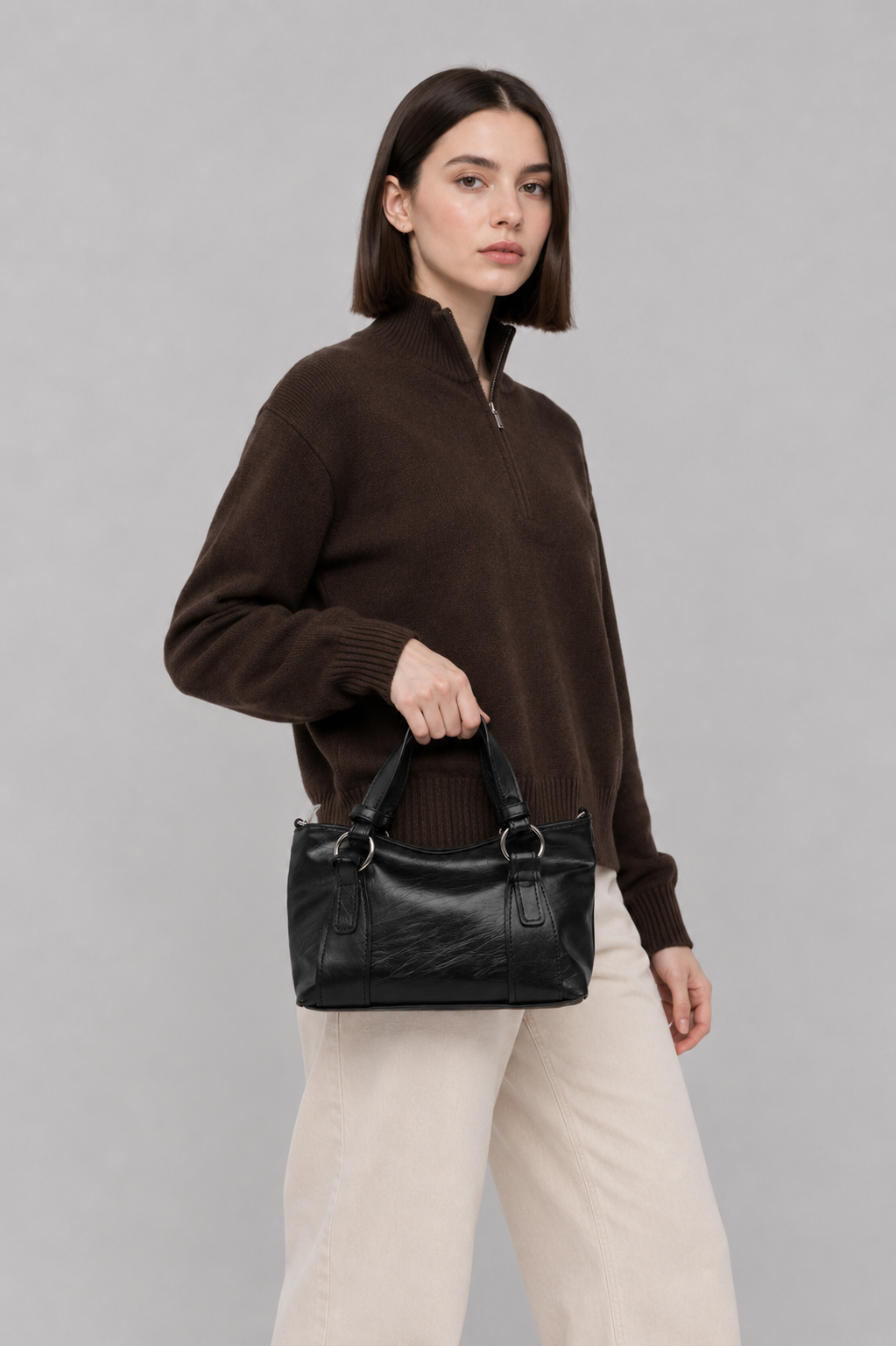 Bolso Halka Detaylı El ve Çapraz Çanta Siyah