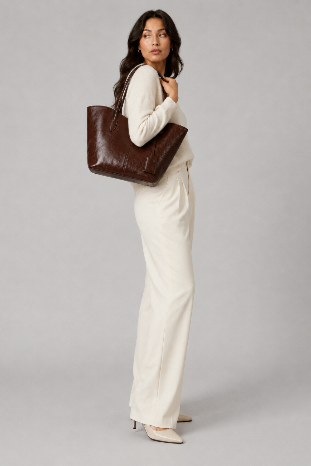 Roxy Vintage Geniş Suni Deri Tote Çanta Kahve